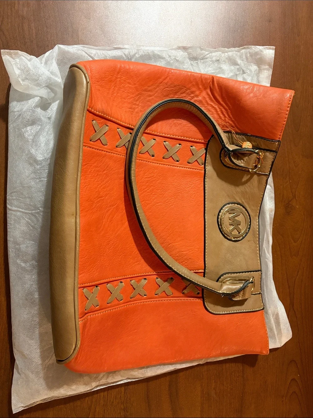 Michael Kors Orange and Tan Leather X-Stitch Tote
